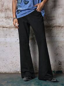 Skyrend Mens Black Flared Denim Jeans, Slim Fit Washed Cargo Pants With Pockets, Gothic Punk Emo Urban Streetwear Winter Jeans - Black - View 2