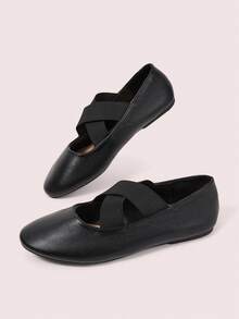 CUCCOO DOLLMOD Women's Shoes, Black, Leather Texture, Simple Elastic Cross Belt, Round Toe Flat Ballet Shoes, Suitable For Daily Travel, Commuting And Leisure Fall Shoes - Black - View 3