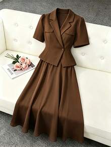 Modelyn Plus Size Women's Solid Color Fashion French Style Casual Daily Dress - Brown - View 1