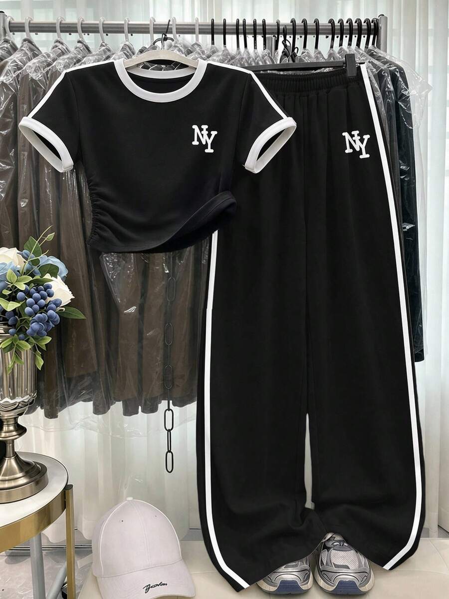 Tween女孩休閒舒適運動風拼色字母NY上衣與拼色休閒寬鬆長褲套裝,適合秋季日常穿著,秋季新款,返校、校園、運動、外出、街頭穿搭 - 彩色 - 查看 1