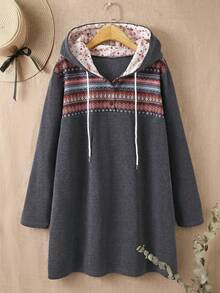 Rusticease Plus Size Women's Geometric Print Long Sleeve Drawstring Hooded Sweatshirt Fall - Grey - View 3