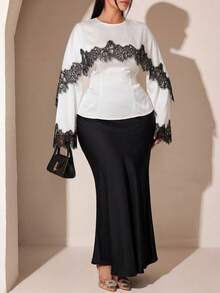 Veilorie Plus Size Women Lace Patchwork Casual Versatile Daily Wear Blouse Fall - White - View 3