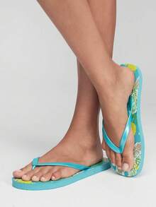 Grefit Sandal Jepit untuk Wanita, Motif Bunga Tropis Musim Panas, Sandal Selop, Sederhana, Sandal Pantai untuk Liburan - lemon hijau - View 2