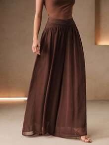 Anewsta Summer Vacation Style V-Neck Pleated Waist Drape Chiffon Wide Leg Culottes Long Pants, Suitable For Vacations, Trips And Commuting - Brown - View 6