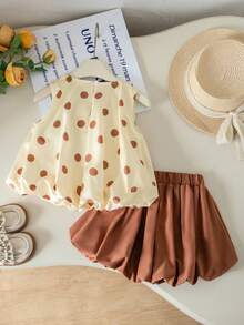 SHEIN Genkimix Kids 2件組少女3D蝴蝶結裝飾休閒時尚無袖上衣 + 休閒時尚純色開花短褲 - 彩色 - 查看 2