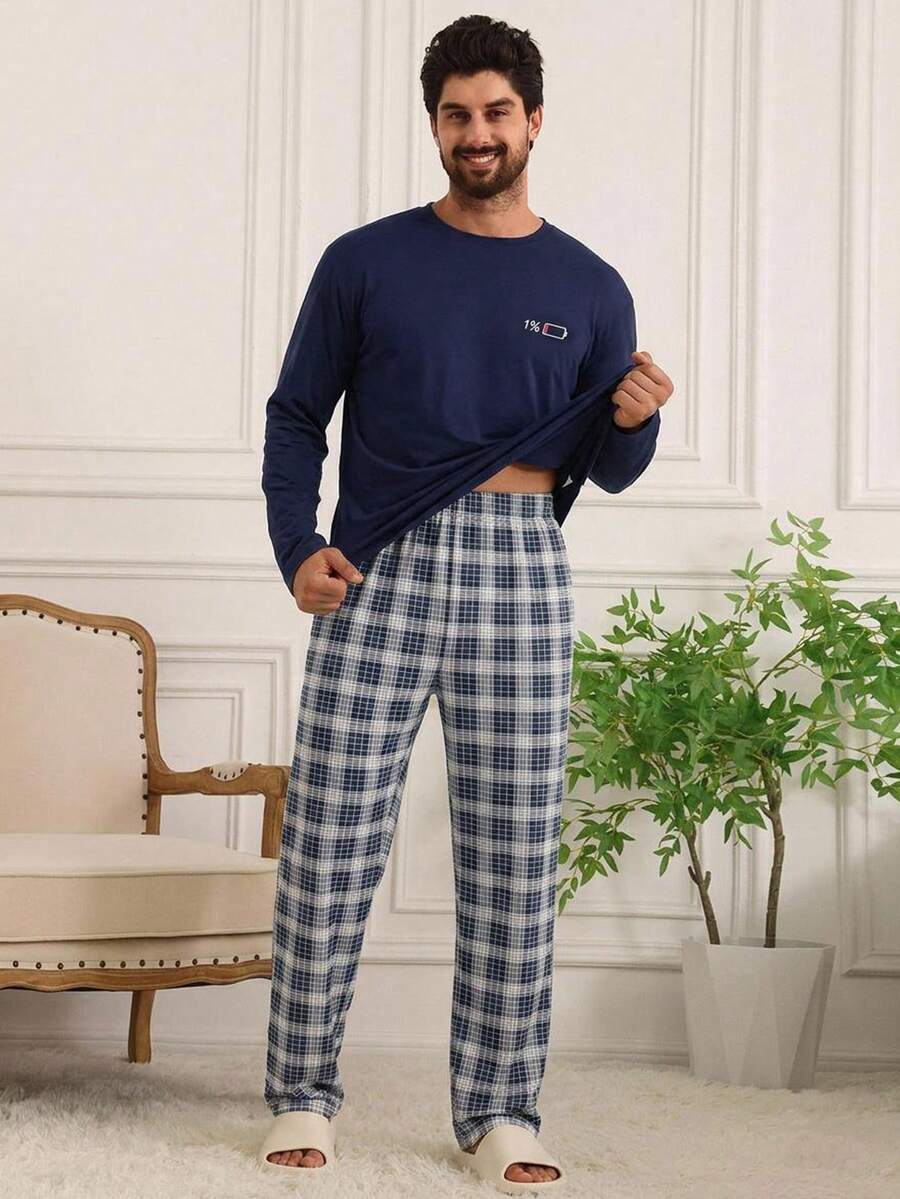 DAZY Men's Long Sleeve Blue Letter Print T-Shirt And Vintage Plaid Long Pants Loungewear Set - Multicolor - View 1