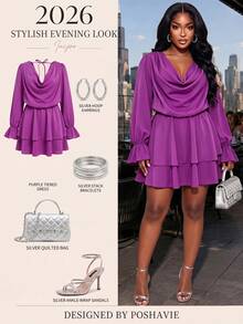 Poshavie Poshavie Women's Plus-Size Long-Sleeve Cowl-Neck Dress With Double-Layered Hem-Suitable For Daily Wear Fall - Purple - View 4