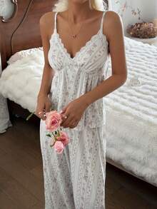 CottageSlumber Women's Romantic Floral Contrast Lace Trim Wide Leg Pajama Set - Multicolor - View 5
