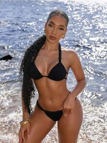 Swim SXY Textured Fabric Halter Neck Top And Thong Bikini Set, Spring/Summer Bikinis Set For Women 2 Pieces Set Swimwear - Black - View 4