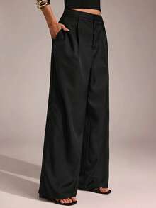 SHEIN PETITE CURVE CURVE 大尺碼女款小個子黑色休閒寬腿褲，高腰百搭夏季上班、休閒日常、派對褲 - 黑色 - 查看 4