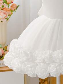 SHEIN Glamorique Kids 女嬰全白薄紗3D花朵洋裝 生日花童派對婚禮公主風 夏季穿搭 優雅可愛學院風 - 白色 - 查看 10