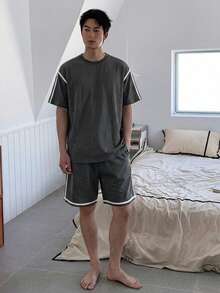 DAZY 男士灰色短袖上衣與短褲家居服套裝 夏季睡衣 - 灰色 - 查看 4