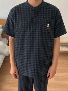 DAZY 男士純色亨利領紋理面料家居服套裝，夏季睡衣 - 藏蓝色 - 查看 6