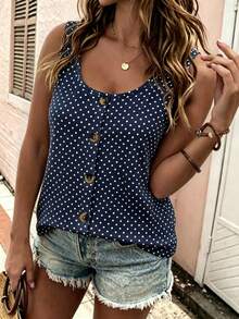 EMERY ROSE Plus Size Women's Polka Dot Contrast Color Round Neck Button Camisole, Round Neck Button Strap Vest Top Suitable For Casual Daily Wear - Multicolor - View 1