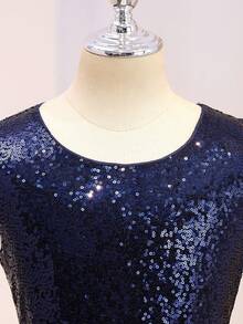 Tween Girls All-Season Graduation Wedding Flower Girl Elegant Ball Gown Dress, Navy Blue Chiffon Hem Mid-Waist Pleated Top Sequin Round Neck Tank Top Evening Dress For Big Girls, Back To School Fashion Puff Princess Dress - Navy Blue - View 6