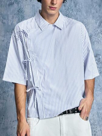Street Life Men's Striped Casual Short Sleeve Tie-Front Shirt