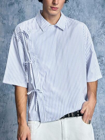 Street Life Camicia casual a maniche corte con laccio e righe per uomo