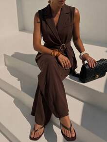 Zivah Elegant & Sophisticated Women's Autumn/Winter 2 Pieces Suit Set, Suitable For Office Wear: Metal Decor Sleeveless Blazer + Wide Leg Pants, Dark Brown - Brown - View 1