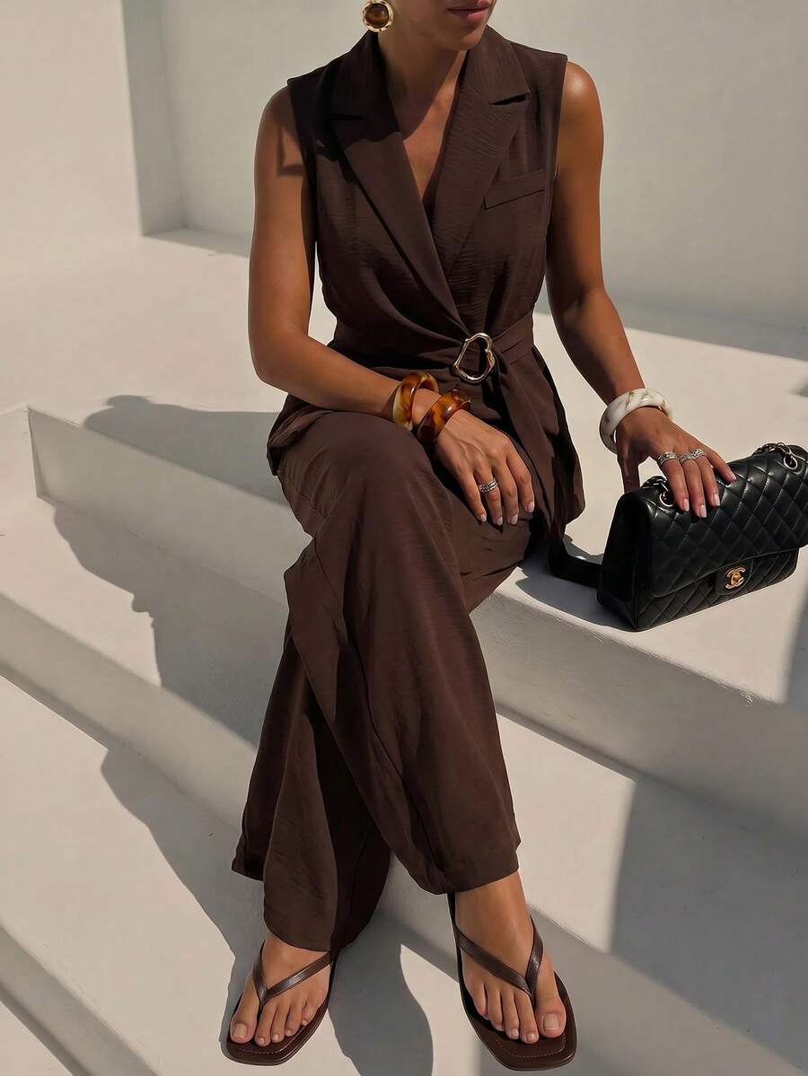 Zivah Elegant & Sophisticated Women's Autumn/Winter 2 Pieces Suit Set, Suitable For Office Wear: Metal Decor Sleeveless Blazer + Wide Leg Pants, Dark Brown - Brown - View 1