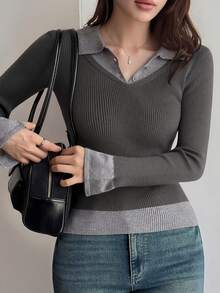 DAZY Women's Colorblock Fitted Long Sleeve Polo Collar Casual Vacation Pullover Knit Sweater School Fall - Grey - View 2