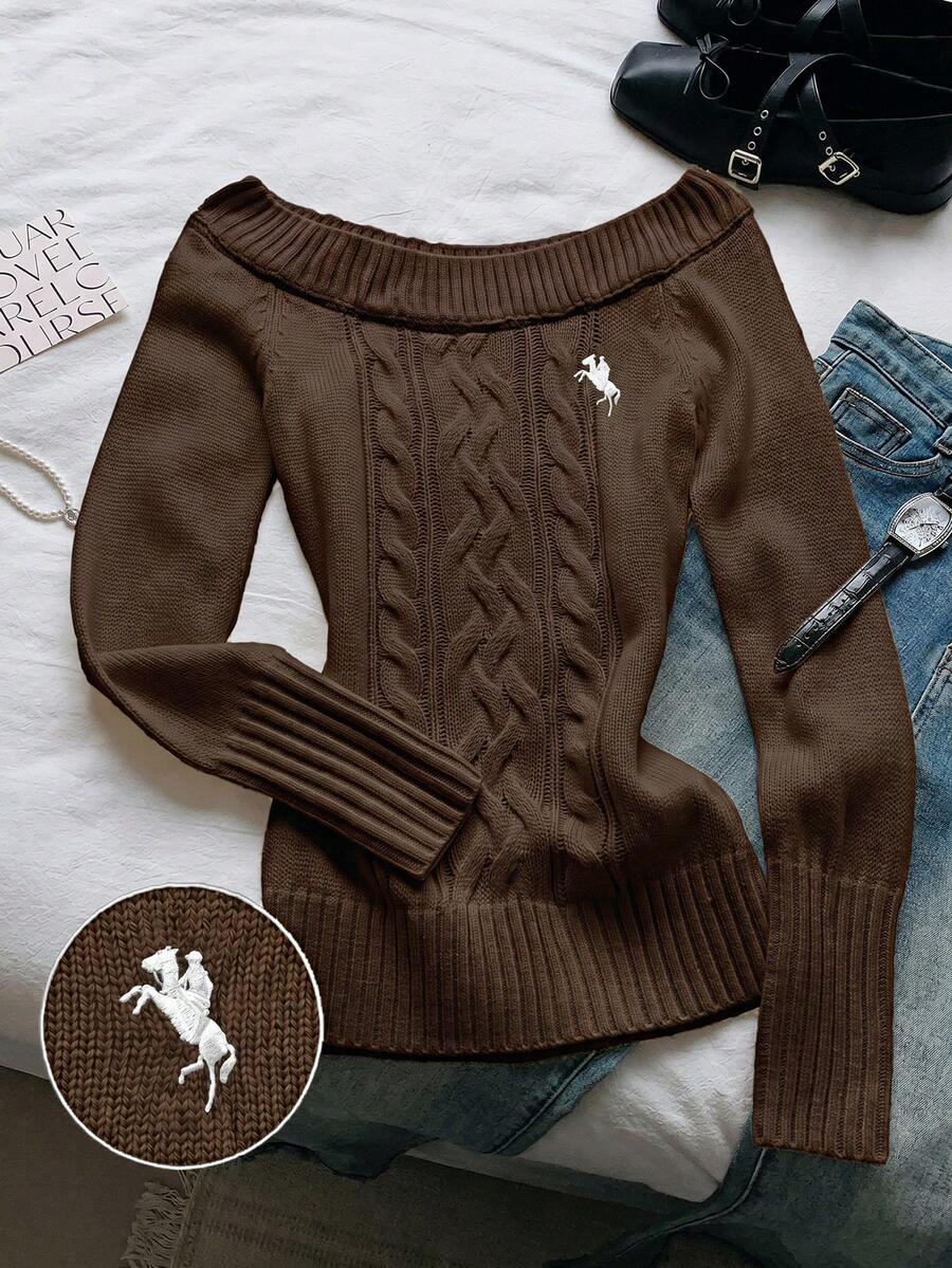Comfortcana 女款刺繡扭繩圓領長袖針織毛衣上衣 - 棕色 - 查看 1