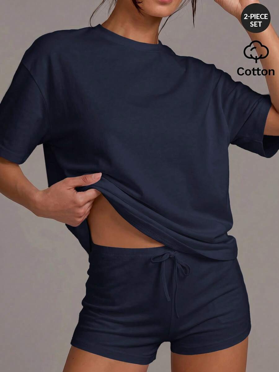 Athîral 女款極簡圓領短袖上衣與抽繩腰短褲居家服套裝 - 藏蓝色 - 查看 1