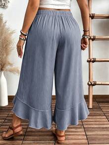 Weeklong Plus Size Women's Floral Retro Print Vacation Style Split Hem Ruffle Wide Leg Pants Fall - Navy Blue - View 2