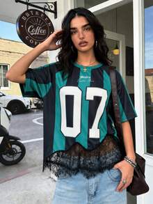 Muchica Teal Striped Lace Patchwork Digital Print Raglan Sleeve Women's T-Shirt Going Out Summer Streetwear - Multicolor - View 1
