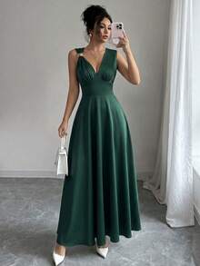 Balvessa Women's Sleeveless High Waist Long Dress Day Party Dark Green Summer Elegant - Dark Green - View 3