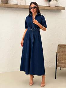 EURMUSE Vestido largo de mezclilla rígido con detalles de falda con volantes - Azul lavado oscuro - Ver 5