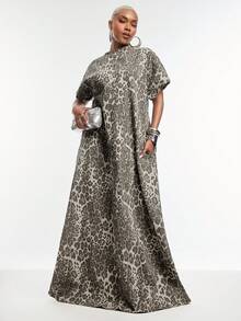 Vixey Leopard Print Short Sleeve Maxi Denim Dress - Multicolor - View 3