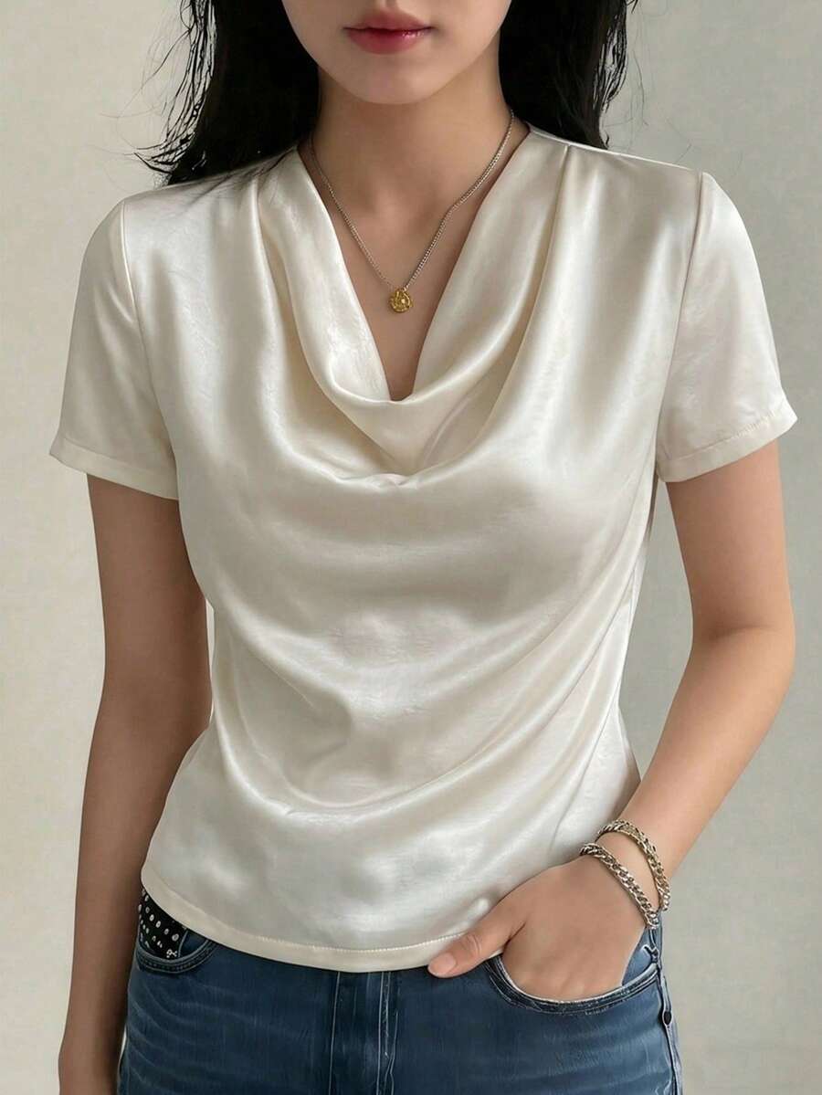 DAZY Camiseta de mujer de manga corta, cuello redondo, ajustada y de color liso para el verano - Blanco - Ver 1