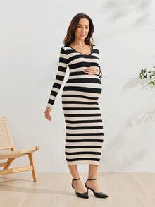 SHEIN Maternity Minimalist Soft Form Normal Versatile Colorblock White Long Sleeve Elegant Sweater Dress, Autumn Gender Reveal - Multicolor - View 4