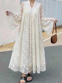 DAZY Women's Elegant Rhinestone Lace Dress With Stand Collar, Suitable For Formal Occasions Sundress - Beige - View 8
