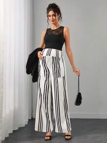 SHEIN European And American Style Black And White Striped Print Repeated Pocket Elastic Waist Loose Straight Leg Maternity Pants Suitable For Daily Wear - Multicolor - View 7
