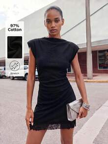 Maija Summer Black Elegant Date Night Ribbed Short Dress,Lace Patchwork Cinched Waist Fitted Urban Elegant Vibe For Women Party Cocktail Wedding Guest - Black - View 1
