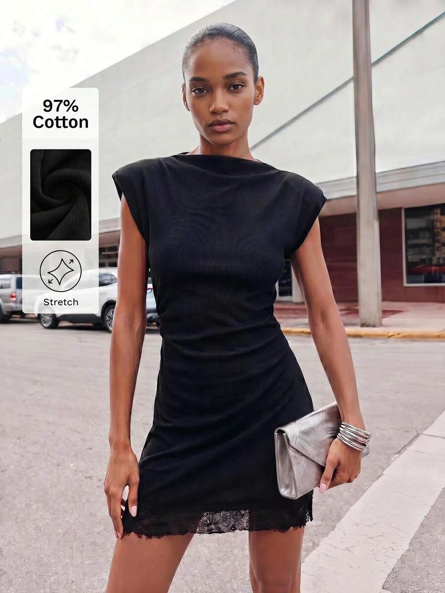 Maija Summer Black Elegant Date Night Ribbed Short Dress,Lace Patchwork Cinched Waist Fitted Urban Elegant Vibe For Women Party Cocktail Wedding Guest - Black - View 1