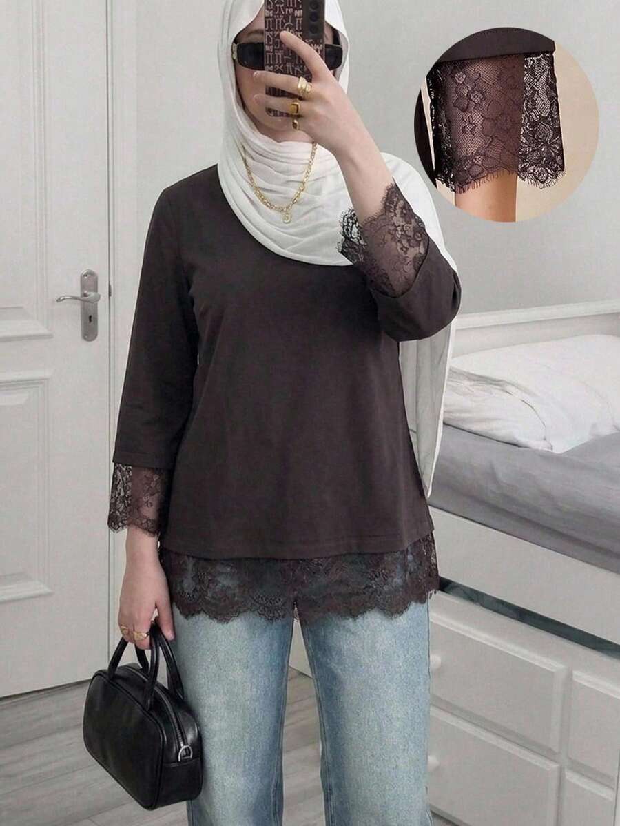 Veilorie Top décontracté 2 en 1 avec patchwork de dentelle - Tabac - Voir 1