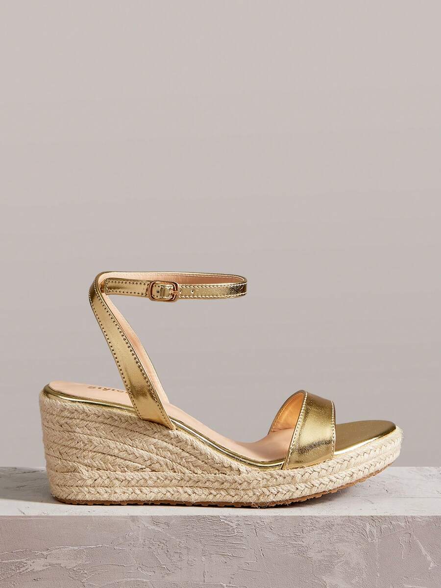 Styleloop Straw Wedge Heel With Sandals, Buckle Ankle Strap Design Casual Vacation Style Platform Women's Shoes Daily Wear Height-Increasing Shoes - Gold - View 1