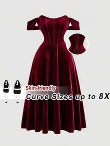 SHEIN CURVE+ Christmas Plus Size Women's Vintage Romantic Red Faux Bone Design Off-Shoulder Dress - Burgundy - View 7