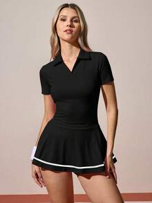 CourtClass CourtClass 女式撞色翻领短袖运动休闲连衣裙，夏季黑色网球裙网球裙带口袋短袖网球裙女士网球裙网球裙运动裙 - 黑色 - 查看 5