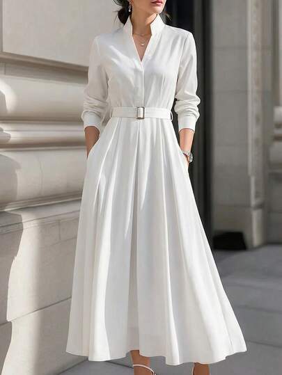 SHEIN Women's Solid Color Notch V-Neck Casual Daily Summer Dress