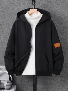 SHEIN 青少年男孩休閒黑色連帽拉鍊外套，附裝飾皮革貼片 - 黑色 - 查看 4