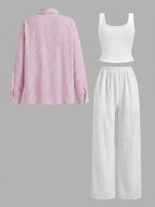 SHEIN LUNE 女款休閒粉色與白色條紋白襯衫及長褲三件套，秋季服裝，套裝，適合工作、早午餐、度假、旅行穿著 - 粉色 - 查看 3