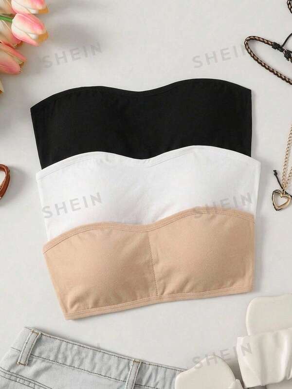 SHEIN Top tubo bandeau minimalista de moda cómodo acanalado negro para niña preadolescente