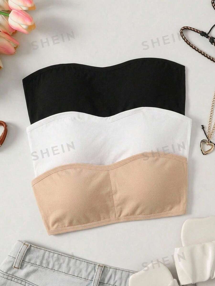 SHEIN 青少年女孩黑色羅紋時尚極簡舒適抹胸上衣 - 黑色 - 查看 1