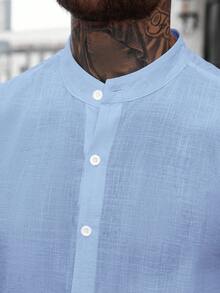 Manfinity Homme Men's Solid Color Single-Breasted Casual Versatile Daily Wear Shirt, Formal - Baby Blue - View 3