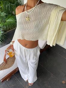Sunnyshic Women's Summer Casual Tropical Fashion Versatile Textured Knit Cover Up Top Beach Vacation Cream - Light Yellow - View 4