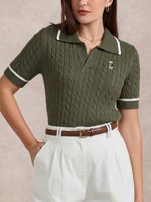Briarwyn 女款時尚熊刺繡短袖針織上衣，適合日常穿著 - 軍綠色 - 查看 9