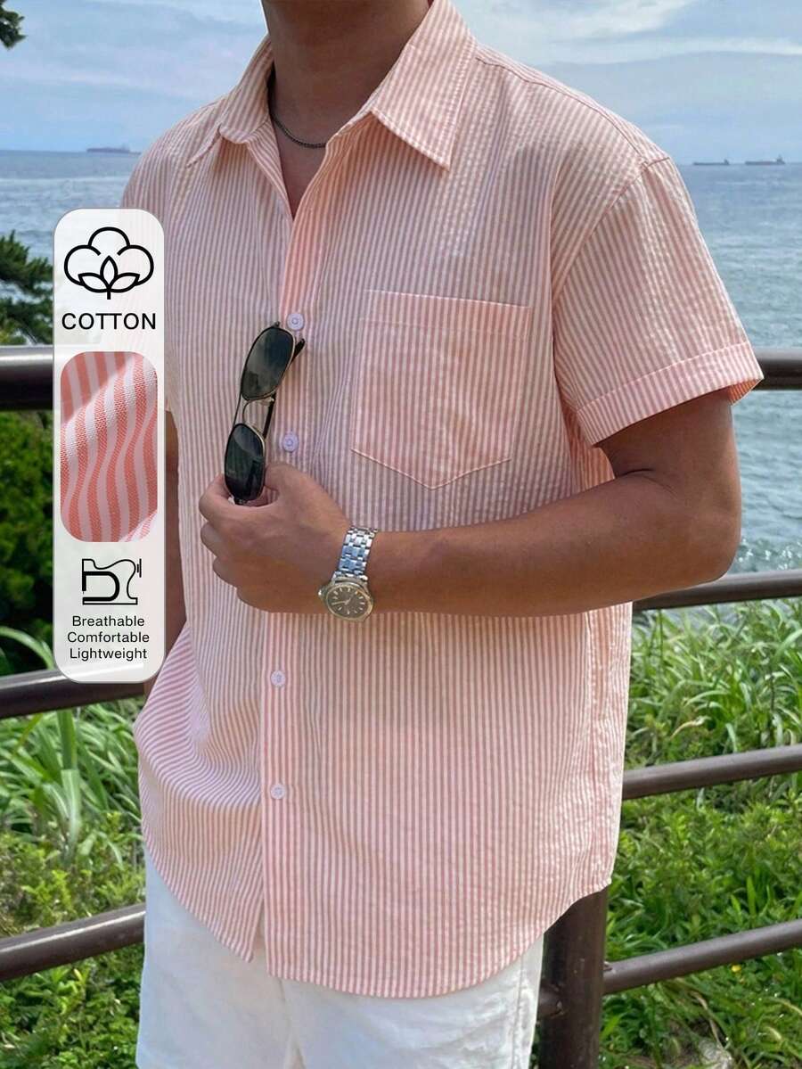 DAZY Men's Pink Striped Short Sleeve Shirt, Summer - Multicolor - View 1